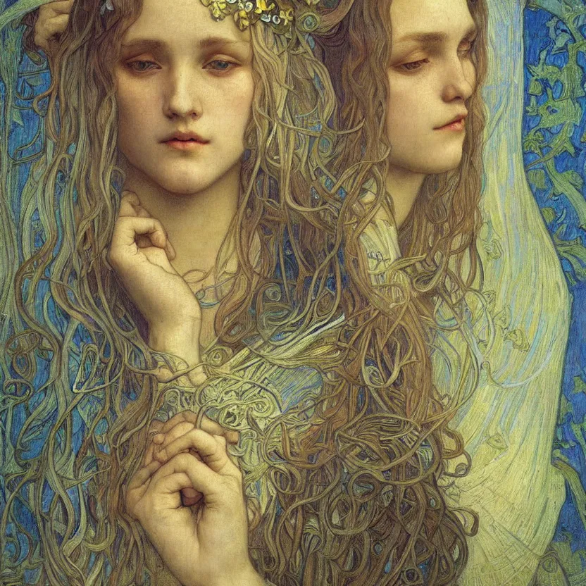 Image similar to detailed realistic beautiful young medieval queen face portrait by jean delville, alphonse mucha, vincent van gogh, and marco mazzoni, art nouveau, symbolist, visionary, gothic, pre - raphaelite