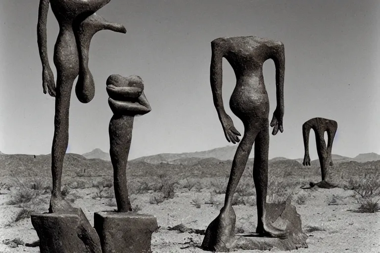 Image similar to surrealist sculpture figures by max ernst in a california desert landscape