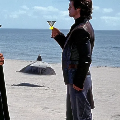 Prompt: han solo on a beach with a martini in hand talking to mr spock