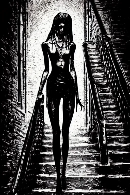 Image similar to dreamy gothic girl, black leather slim clothes, chains, wet hall stairs, beautiful body, detailed acrylic, grunge, intricate complexity, by dan mumford and by alberto giacometti, peter lindbergh