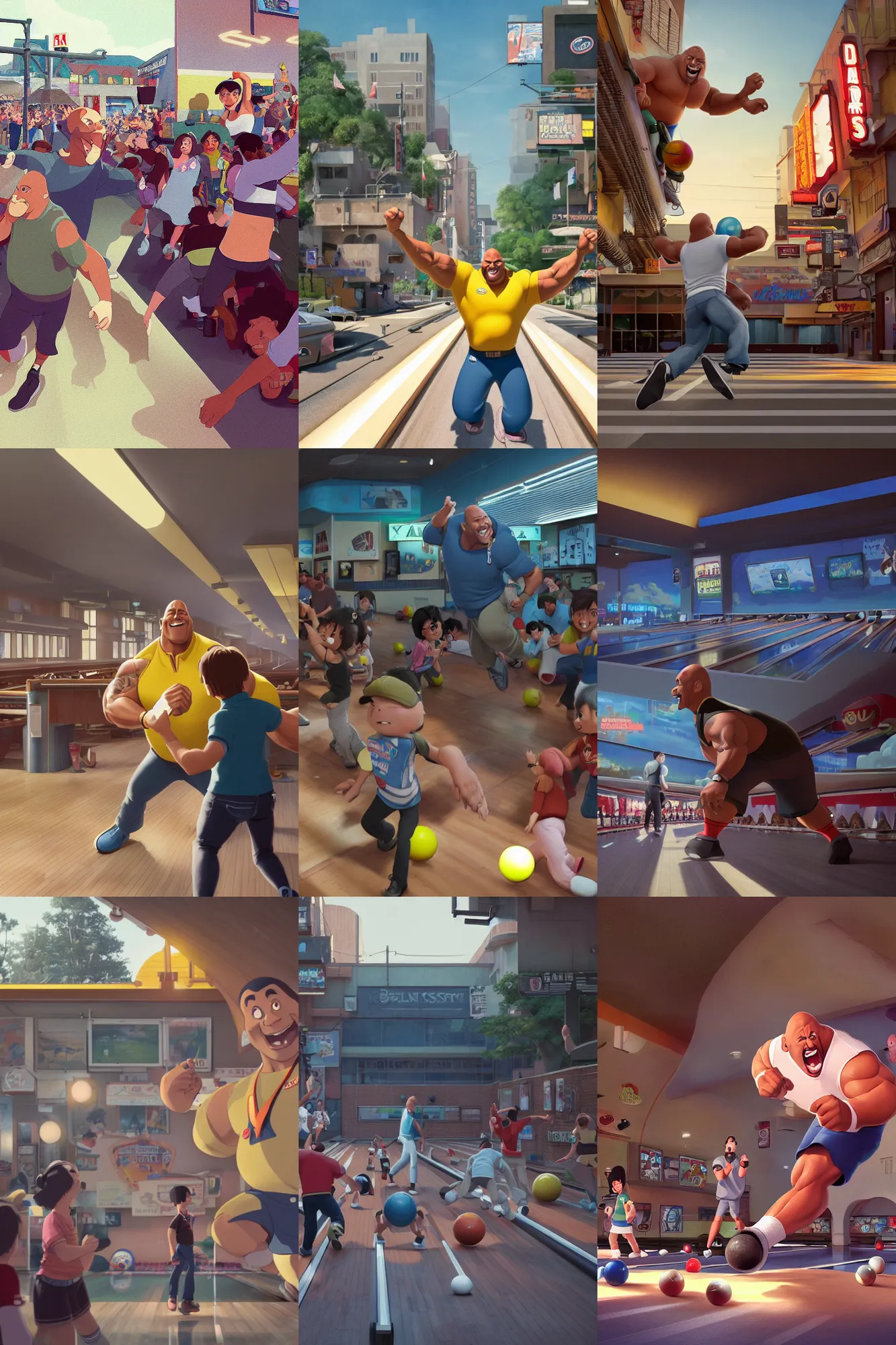 Prompt: a wholesome urban illustration of a happy cartoon Dwayne Johnson winning at a game of bowling at the bowling alley with a crowd cheering for him, studio Ghibli, Pixar and Disney animation, sharp, Rendered in Redshift and Unreal Engine 5 by Greg Rutkowski, Bloom, dramatic lighting, sunrise