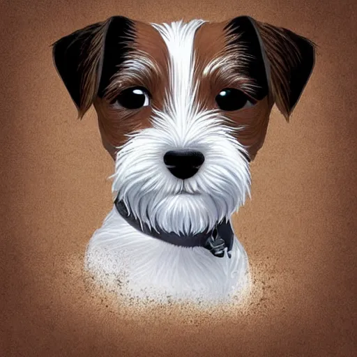 Image similar to a very cute wire haired jack russell terrier puppy. he is white with brown spots and brown patches over both eyes. clean cel shaded vector art. shutterstock. behance hd by lois van baarle, artgerm, helen huang, by makoto shinkai and ilya kuvshinov, rossdraws, illustration, art by ilya kuvshinov