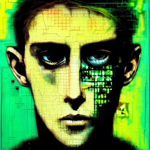 Image similar to hyperrealistic portrait of a cyberpunk teenager, male, confident, cybernetics, immersed within a glitch network, by Guy Denning, Metzinger, Russ Mills, glitch art, hyper focus, fine detail, hacking effects, digital tech effects, chromatic, color blocking!, green, acrylic on canvas, concept art, abstract, trending on cgsociety, trending on artstation