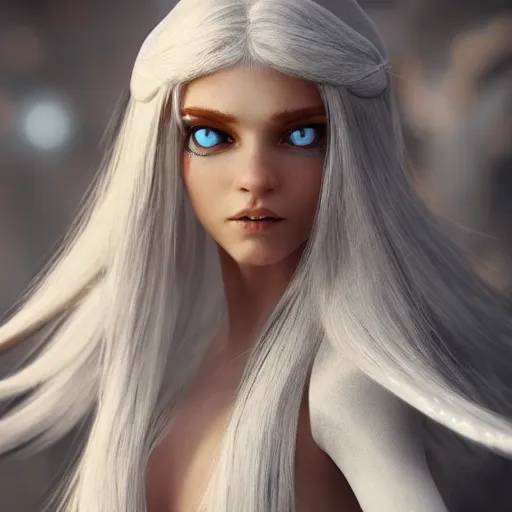 Image similar to a highly detailed elf in full length, with white long hair, white clothes, bright blue eyes, artstation, DeviantArt, professional, octane render