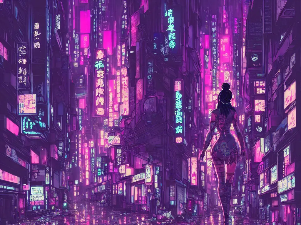 Image similar to high detailed lone dead geisha in a cyberpunk rainy city at night by Josan Gonzalez, purple and pink and blue neons, unreal engine, high quality, 4K, UHD, trending on ArtStation, wires, blade runner vibes, ghost in the shell, akira, dorohedoro
