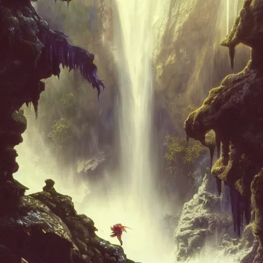 Prompt: an extremely detailed matte painting of a thruple dancing in a cavern behind a waterfall, epic fantasy, viewed in profile from far away, sharp focus, detailed face, art by greg rutkowski and alphonse mucha, volumetric lighting, 4 k resolution, trending on artstation, masterpiece