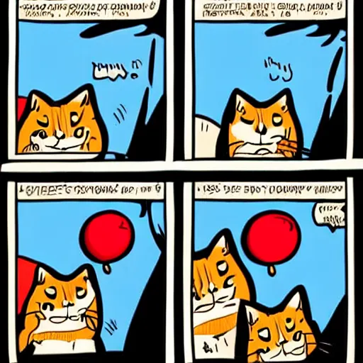 Prompt: a highly - detailed and colorful comic strip in 4 panels of photorealistic cats talking to one another about a red ball