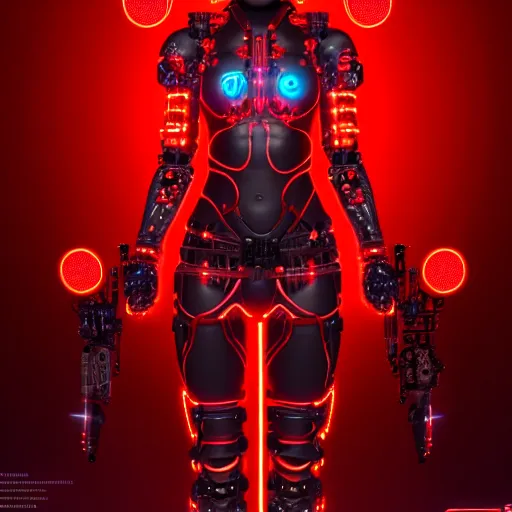 Image similar to cybernetic female warrior with glowing red heaphones and glowing red intricate sigils of death covering her body, intricate detail, finely detailed, small details, extra detail, trending on artstation, high resolution, 3D