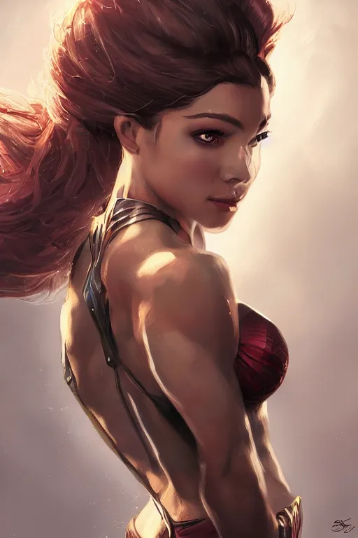 Image similar to three quarters portrait pose of a beautiful woman, strong body,super heroine costume,super powers, fantasy, intricate, elegant, highly detailed, digital painting, artstation, concept art,shining, sharp focus, illustration, art by Stanley Lau