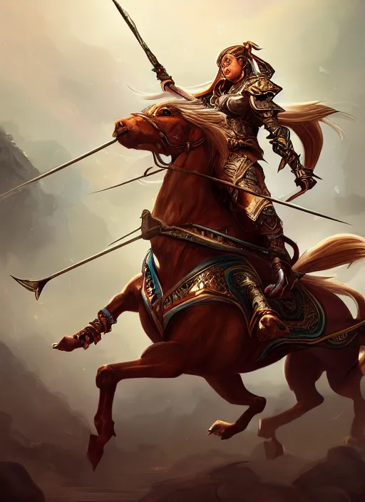 Image similar to a highly detailed illustration of fierce mongol warrior princess riding horse, heroic wielding bow pose, intricate, elegant, highly detailed, centered, digital painting, artstation, concept art, smooth, sharp focus, league of legends concept art, wlop.