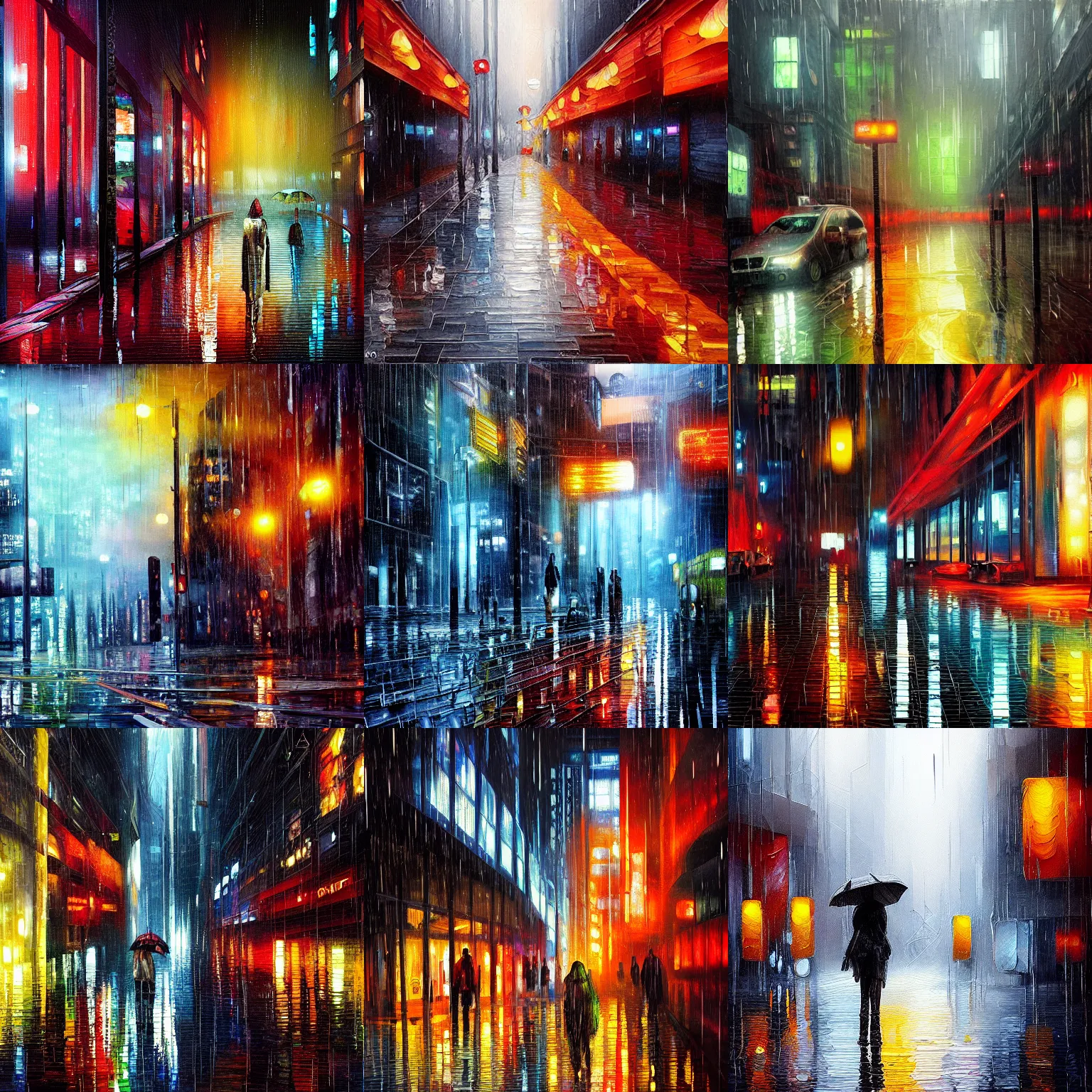 Prompt: rain like a dream, oil painting, cyberpunk, fantasy lut,