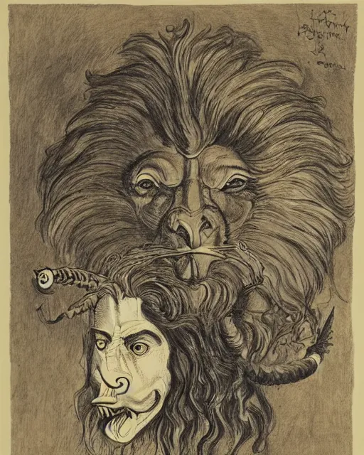 Image similar to a creature with the body and eyes of a man, with the beak of an eagle, the mane of a lion, and the horns of an ox. drawn by francis bacon