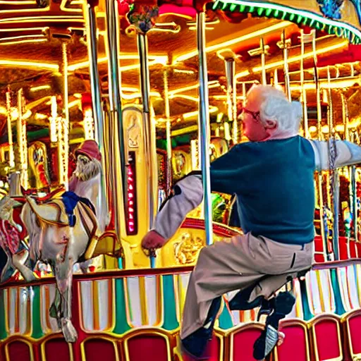 Image similar to A really excited old man riding a merry-go-round carousel at an amusement park, hyperrealism, wide shot