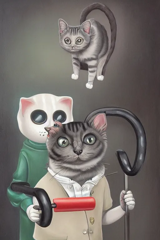 Image similar to anthro cat working out in the gym, an ultrafine detailed painting by mark ryden, trending on deviantart, pop surrealism, whimsical, lowbrow, grotesque