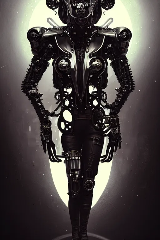 Image similar to dark futuristic cyborg with metal horns, chrome motorcycle parts, full body, diffuse lighting, fantasy, intricate, elegant, highly detailed, lifelike, photorealistic, digital painting, artstation, illustration, concept art, smooth, sharp focus, art by John Collier and Albert Aublet and Krenz Cushart and Artem Demura and Alphonse Mucha