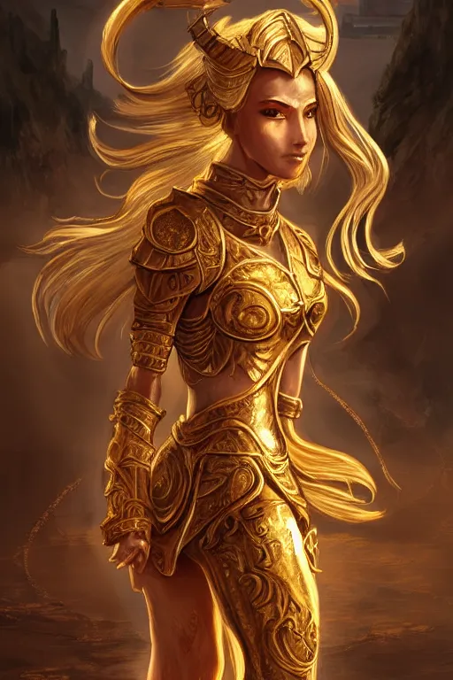 Prompt: portrait knights of zodiac girl, golden and copper shining armor, karate pose, in ruined agora of athens sunrise, ssci - fi and fantasy, intricate and very very beautiful and elegant, highly detailed, digital painting, artstation, concept art, smooth and sharp focus, illustration, art by z - - ed