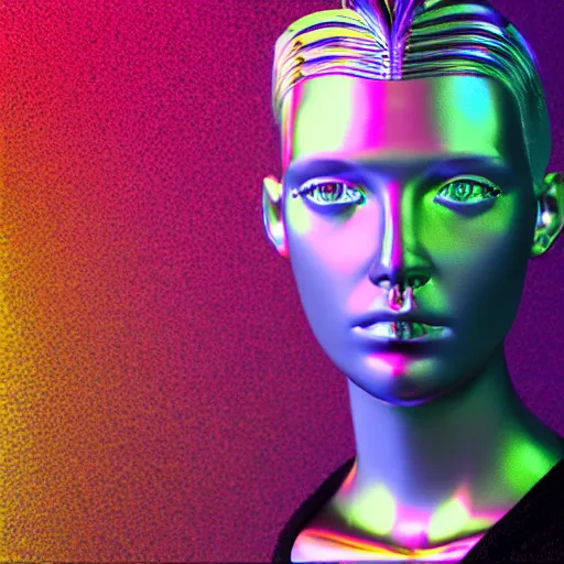 Image similar to 3d render of holographic human robotic head made of glossy iridescent, surrealistic 3d illustration of a human face non-binary, non binary model, 3d model human, cryengine, made of holographic texture, holographic material, holographic rainbow, concept of cyborg and artificial intelligence