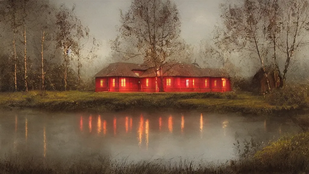 Image similar to small red wooden cottage by the lake, lanterns in the front of the cottage, smoke coming out of the chimney, dusk, birch trees, tranquility, two swans swimming in the lake, two swans, a wooden rowing boat, by Greg Rutkowski, by Charlie Bowater