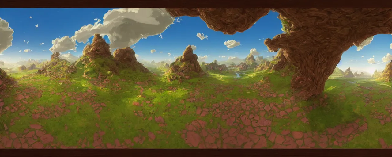 Prompt: first person perspective digital illustration of Hyrule reimagined by indusgtrial light and magic:1|wide angle panoramic by beeple and Roger Dean, viewed from eye level:0.9|fantasy, horizontal symmetry, cinematic|Unreal Engine, Octane, finalRender, devfiantArt, artstation, artstation HQ, behance, HD, 16k resolution:0.8