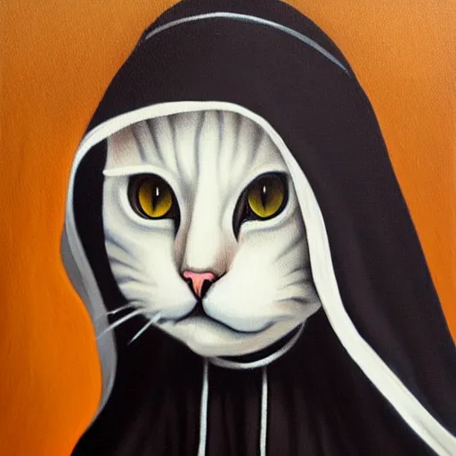 Prompt: a painting of a cat wearing a nun costume, a fine art painting by hanns katz, trending on deviantart, pop surrealism, da vinci, fine art, picasso