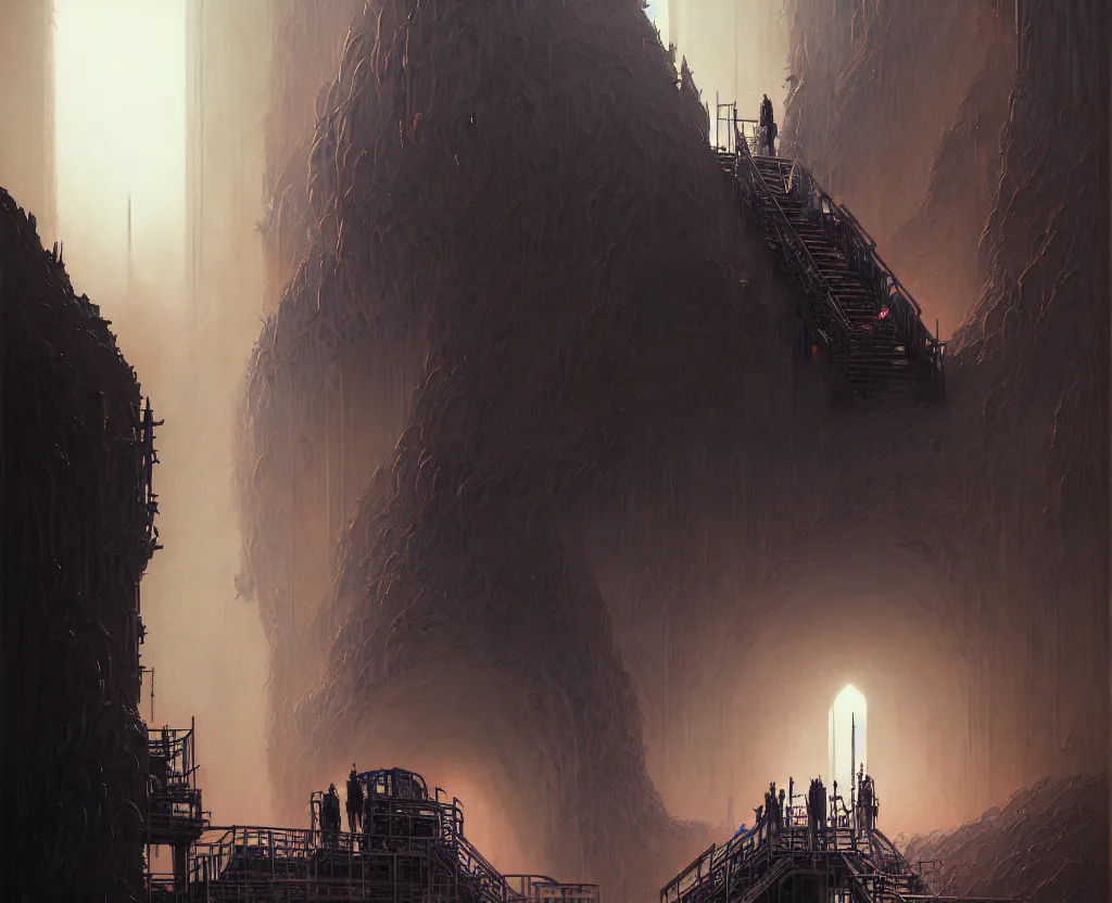 Image similar to detailed portrait, intricate complexity, by greg rutkowski, ross tran, conrad roset, takato yomamoto, ilya kuvshinov huge gothic crematorium on desert planet, elevator, side ramp entrance ambulance dead bodies, guards intricate, painting by lucian freud and mark brooks, bruce pennington, dark colors, neon, death, guards, nice style smoke