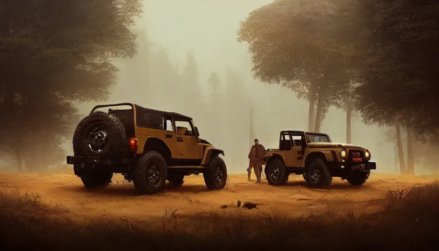 Image similar to Mahindra thar, tribe members watching nearby, an epic fantasy, dramatic lighting, cinematic, establishing shot, extremely high detail, photorealistic, cinematic lighting, artstation, by simon stalenhag, horizon forbidden west