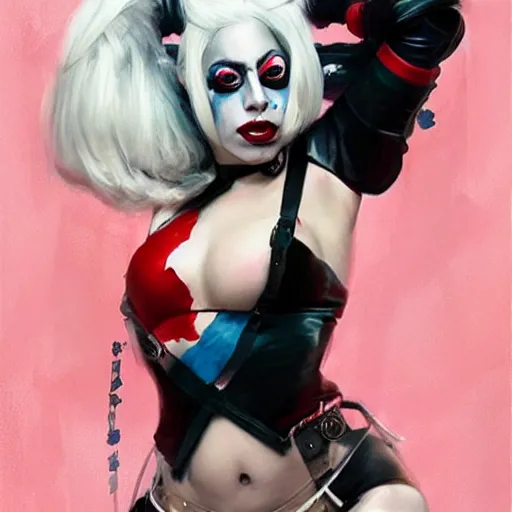 Image similar to lady gaga as harley quinn, painted by wenjun lin, greg rutkowski