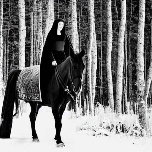 Prompt: Medieval woman princess rider in vintage cloak cape riding a black wild horse. Background green trees spruce forest, spring winter nature melted snow , Kodak TRI-X 400, melancholic