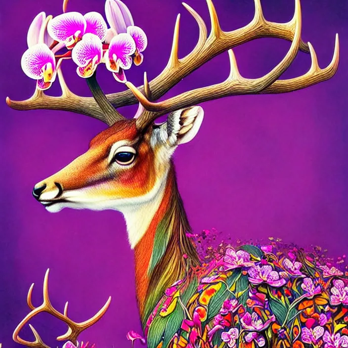 Prompt: extremely psychedelic animal made of orchid and cherry blossom tree and mushroom, elk, gazelle, LSD, diffuse lighting, fantasy, intricate, elegant, highly detailed, lifelike, photorealistic, digital painting, artstation, illustration, concept art, smooth, sharp focus, art by John Collier and Albert Aublet and Krenz Cushart and Artem Demura and Alphonse Mucha