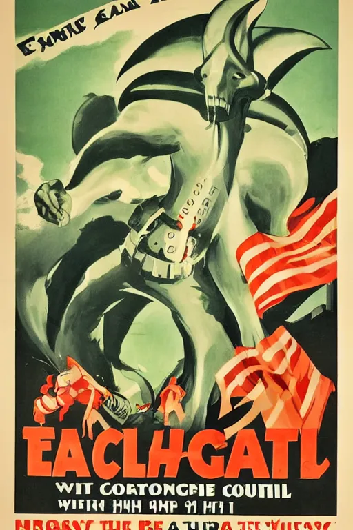 Image similar to a propaganda poster designed to convince people to enlist in the war against cthulu, 1 9 4 0 s