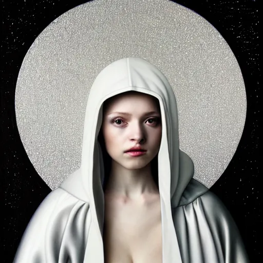 Image similar to beautiful high details hyper realistic painting of white angel in the hood coming from space with giant ball of miracle light from the chest!!!!!, 4 k hd face!!!, fashion face, no gender, giant silver holographic wings, by jan van eyck, holography space, white sparkles everywhere, thin strokes, high textures, silver background