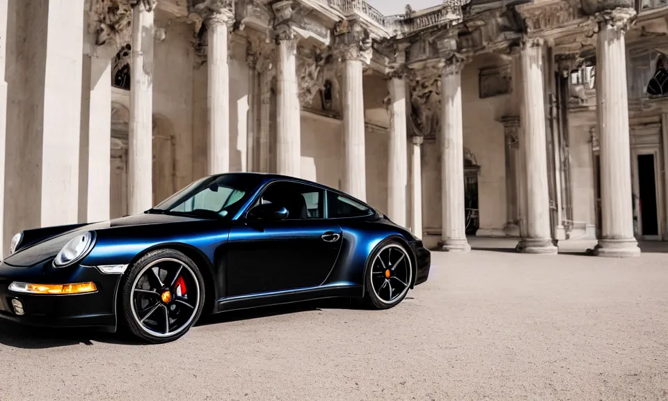 Image similar to closeup photo of a porsche 911 standing in a beautiful palace, dof, chromatic aberration