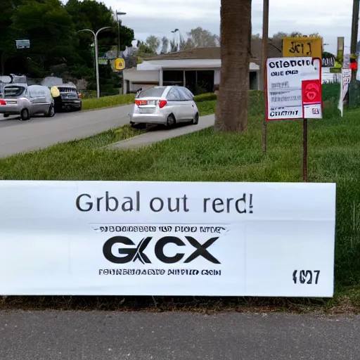 Image similar to a cardboard sign that says gxrch posted at a suburban street corner, photograph