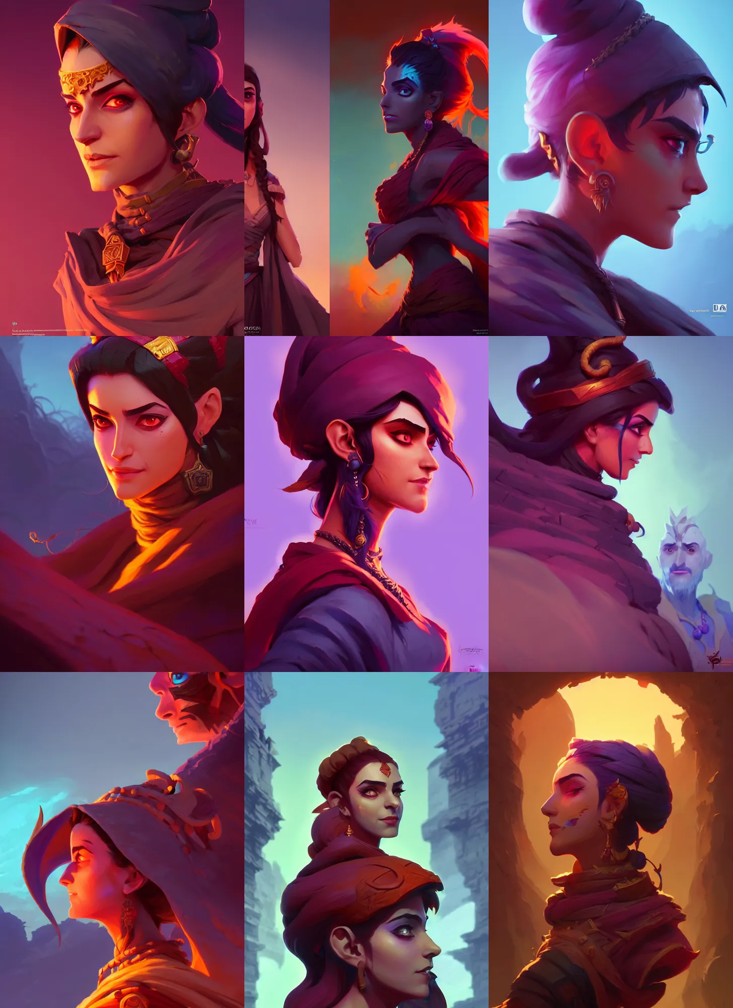 Prompt: maya ali, sorcerer, gloomhaven, octane render, side view rpg avatar portrait, gaudy colors, matte painting concept art, by jesper ejsing, and lois van baarle and ilya kuvshinov and rossdraws