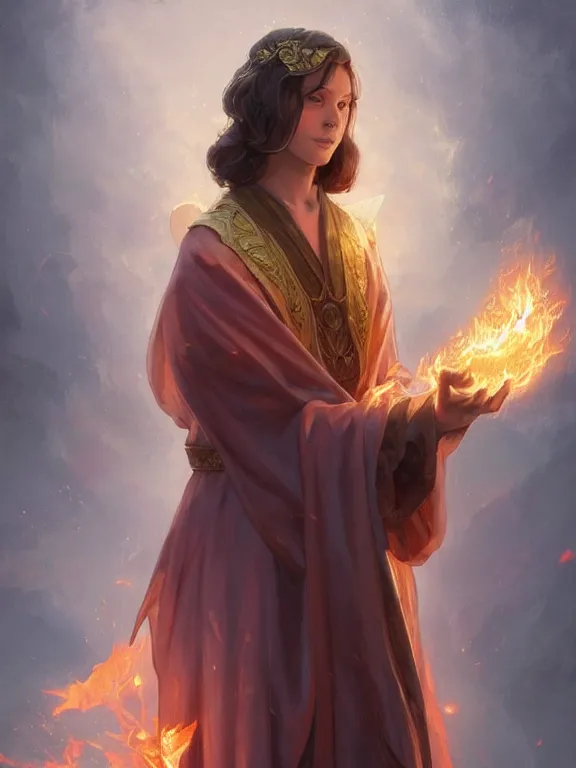 Image similar to young summoner with a fire elemental, fantasy, man, thick robes, intricate, elegant, highly detailed, digital painting, artstation, concept art, wallpaper, smooth, sharp focus, illustration, art by artgerm and greg rutkowski and alphonse mucha