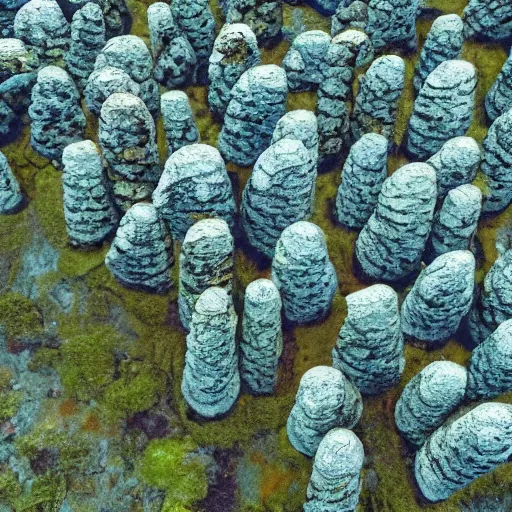 Image similar to a forest of trees made out of stone, blue tentacles