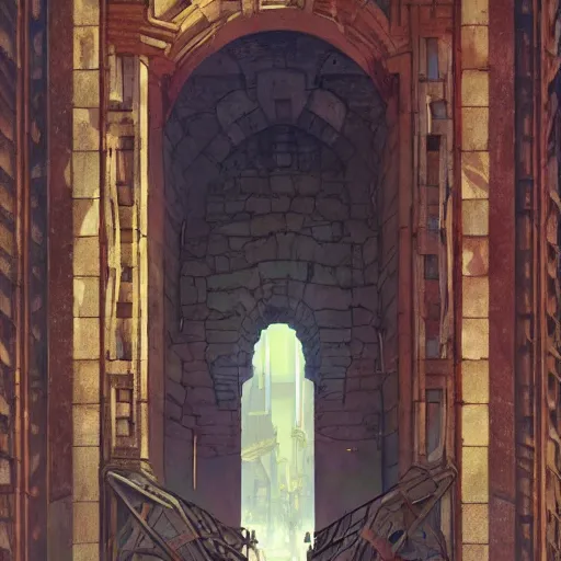 Image similar to art deco archway leading into arcology with studio ghibli wooden homeless medieval city built into it, science fiction concept art by greg rutkowski and wayne barlowe and alphonse mucha