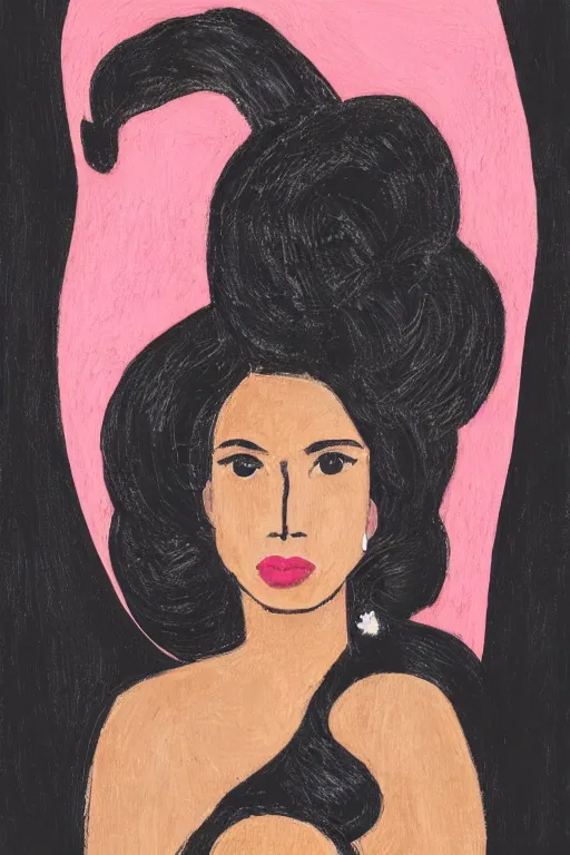 Prompt: a portrait of a beautiful woman that has a black hair, tan skin and is wearing a beautiful black and pink dress