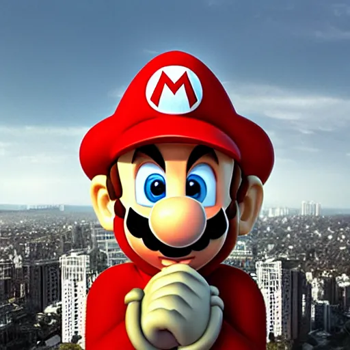 Prompt: Gargantuan Mario towering over a city