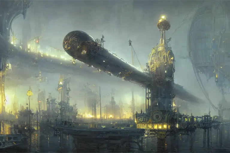 Image similar to wide view of a steampunk airship docking with a tall tower, fog, volumetric lighting, intricate, elegant, highly detailed, digital painting, artstation, concept art, smooth, sharp focus, art nouveau, art by raymond swanland and john berkey