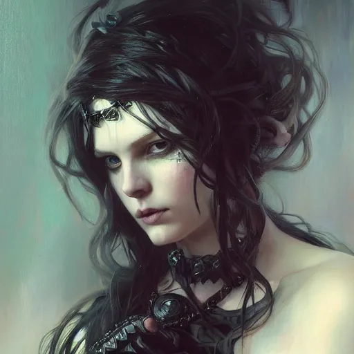 Image similar to dark goth queen with blue eyes, dark fantasy, hyperrealistic portrait, art of elysium by jeremy mann and alphonse mucha, dark fantasy illustration, fantasy art, photo realistic, dark, goth, artstation, ginger hair, dynamic lighting, very detailed face, 4 k, award winning