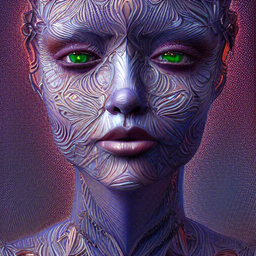 Prompt: beatifull frontal face portrait of a woman, 150mm, chromatic aberration, mandelbrot fractal, intricate, elegant, highly detailed, ornate, ornament, sculpture, elegant , luxury, beautifully lit, ray trace, octane render in the style of peter Gric and alex grey