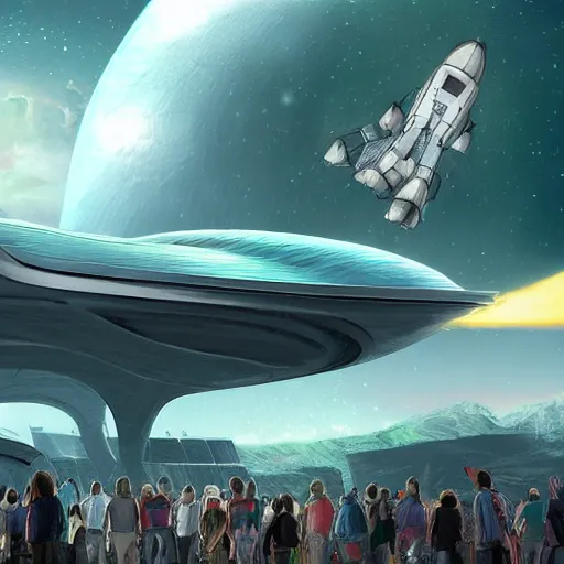 Image similar to thousands of people next to a big spaceship, fantasy art