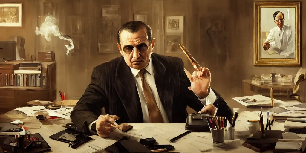 Image similar to beautiful oil matte portrait painting, mafia boss smoking at his 5 0 s new york office desk, wonderful masterpiece highly detailed, beautiful cinematic light deep focus, elegant, digital painting, smooth, sharp focus, golden ratio, dramatic illumination, ultra realistic, 8 k, art by jimmy law