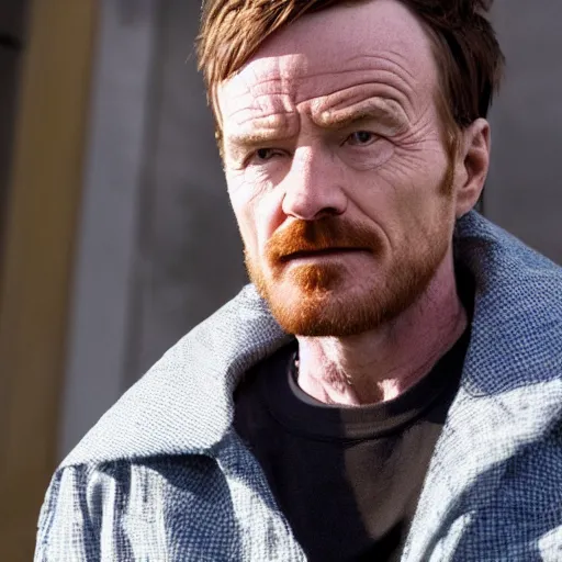 Image similar to Live Action Still of Bryan Cranston dressed as Jesse Pinkman, real life, hyperrealistic, ultra realistic, realistic, highly detailed, epic, HD quality, 8k resolution, body and headshot, film still