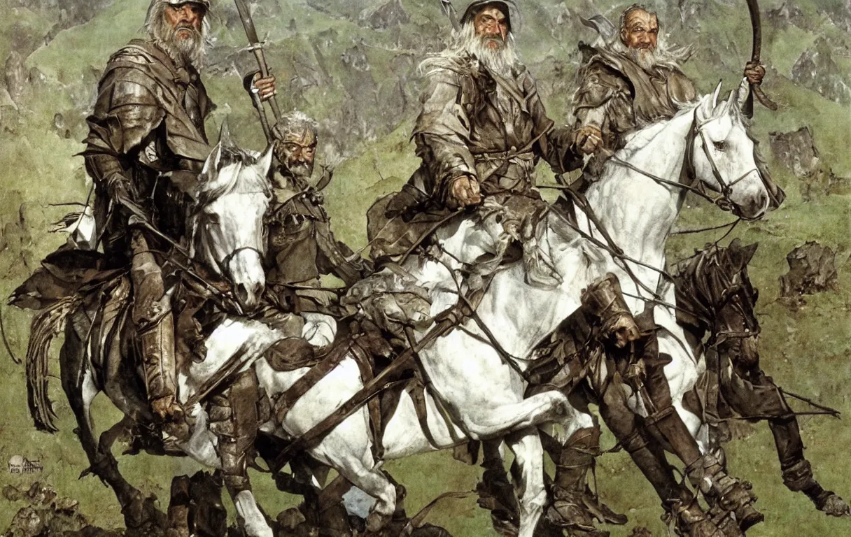 Image similar to A portrait of Sean Connery as gandalf the grey riding a white horse in minas tirith by Norman Rockwell