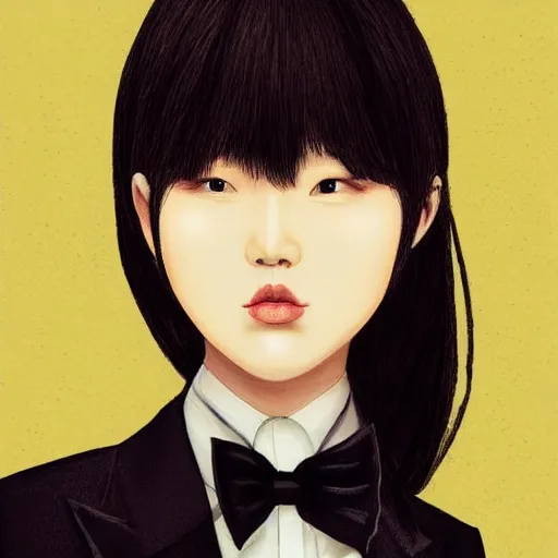 Prompt: portrait of a beautiful korean girl wearing a men's tuxedo, with long hair and bangs, angular features, angry expression, digital art, elegant pose, detailed illustration