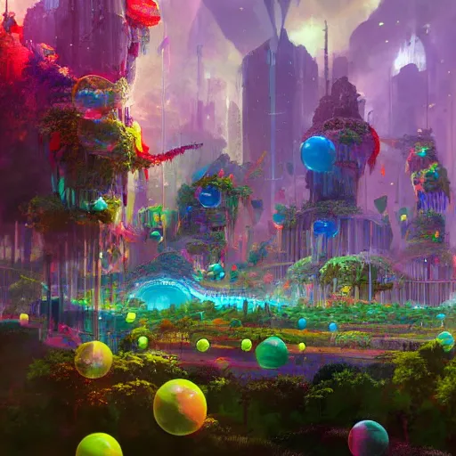 Image similar to a utopian city, filled with extremely colorful fauna, with bubbles floating around everywhere, dynamic lighting, fantasy concept art, trending on art station, stunning visuals, creative, cinematic, ultra detailed