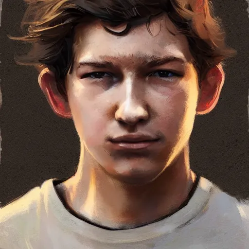 Image similar to portrait of a man by greg rutkowski, he looks like tye sheridan, he is about 2 0 years old, messy brown hair, tired eyes, he is wearing a black and white keblar superhero gear, highly detailed portrait, digital painting, artstation, concept art, smooth, sharp foccus ilustration, artstation hq