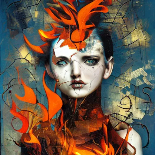 Prompt: she is burning her digital past with glitched flames made of bits, oil on canvas by dave mckean, james jean and esao andrews